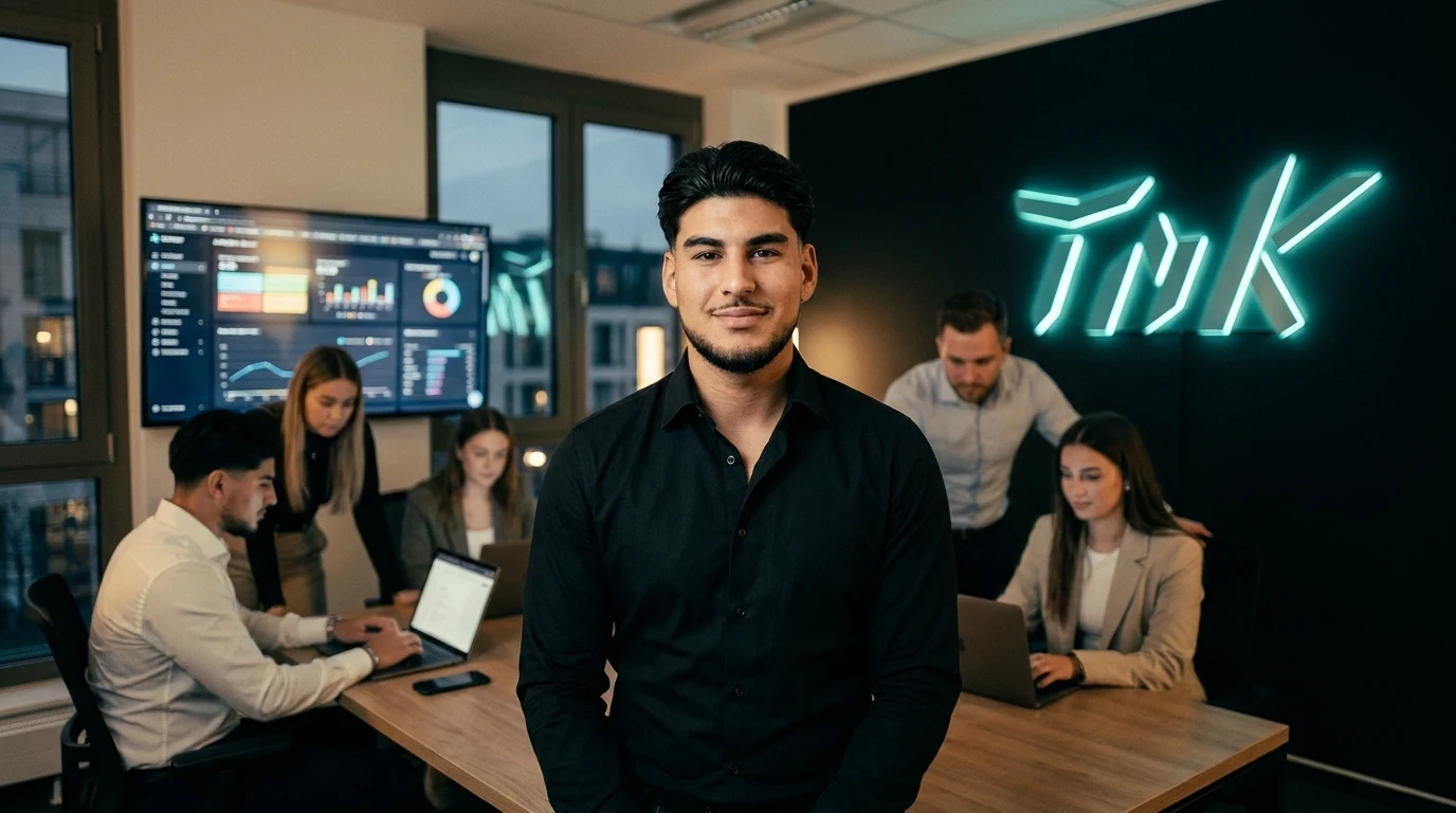 Das TNK-Team im Büro in Hannover – im Hintergrund der leuchtende TNK-Schriftzug